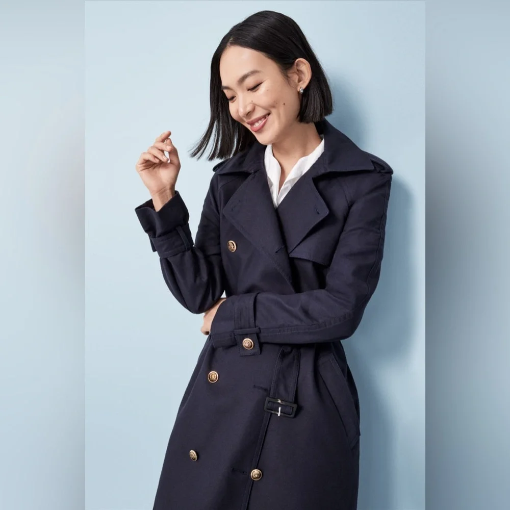 Ann Taylor Navy Double-Breasted Belted Trench Coat – Women’s Medium - Picture 3 of 15